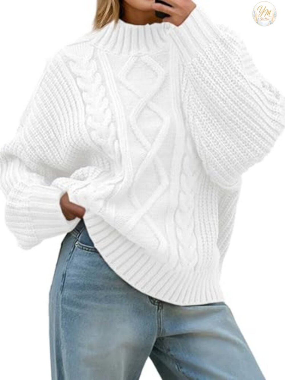 Oversized Cable Knit Button Up Mock Neck Turtleneck Chunky Pullover Sweater